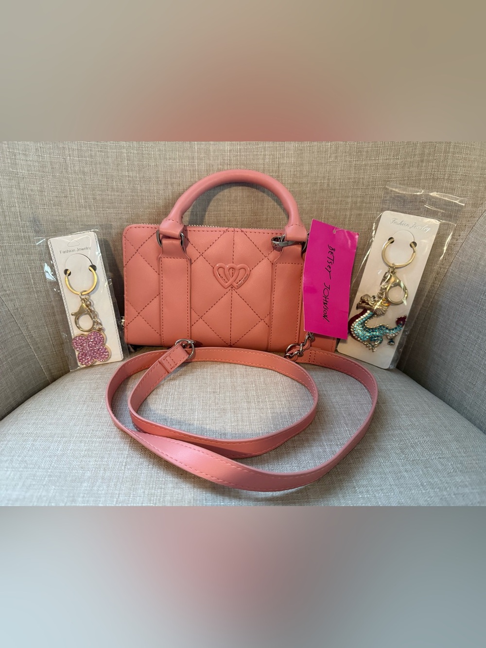Betsey Johnson Pink Quilted Mini Top-Handle Crossbody Bag with 2 keychains